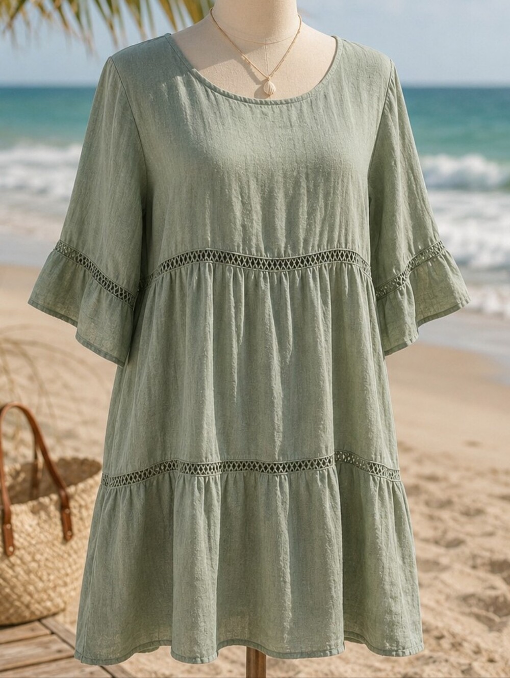 Lungo L'Arno Italy 100% Linen Dress M Sage Green Boho Beachy Cottagecore